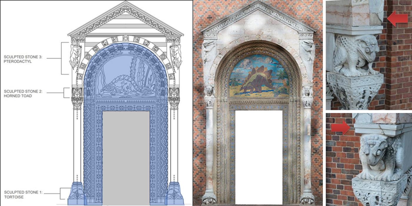 The Reptile Discovery Center's main entrance and portico. A schematic drawing and several photos showing the Reptile Discovery Center's cracking portico