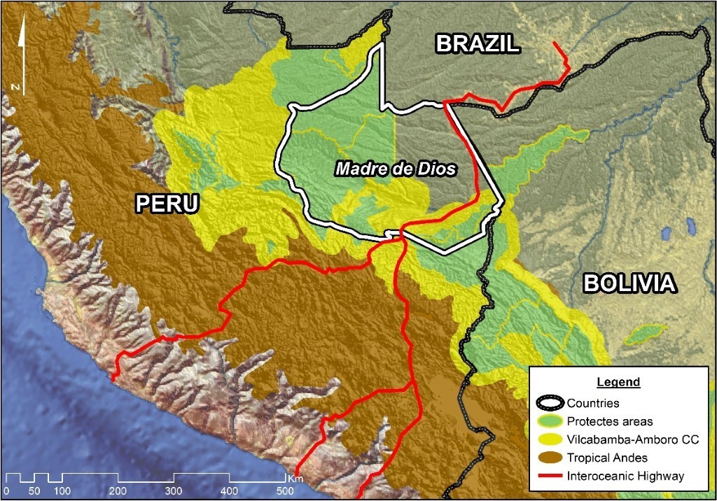 A map of the Madre de Dios region in Peru, within the Vilcabamba-Amboró conservation corridor and bordered by Brazil and Bolivia
