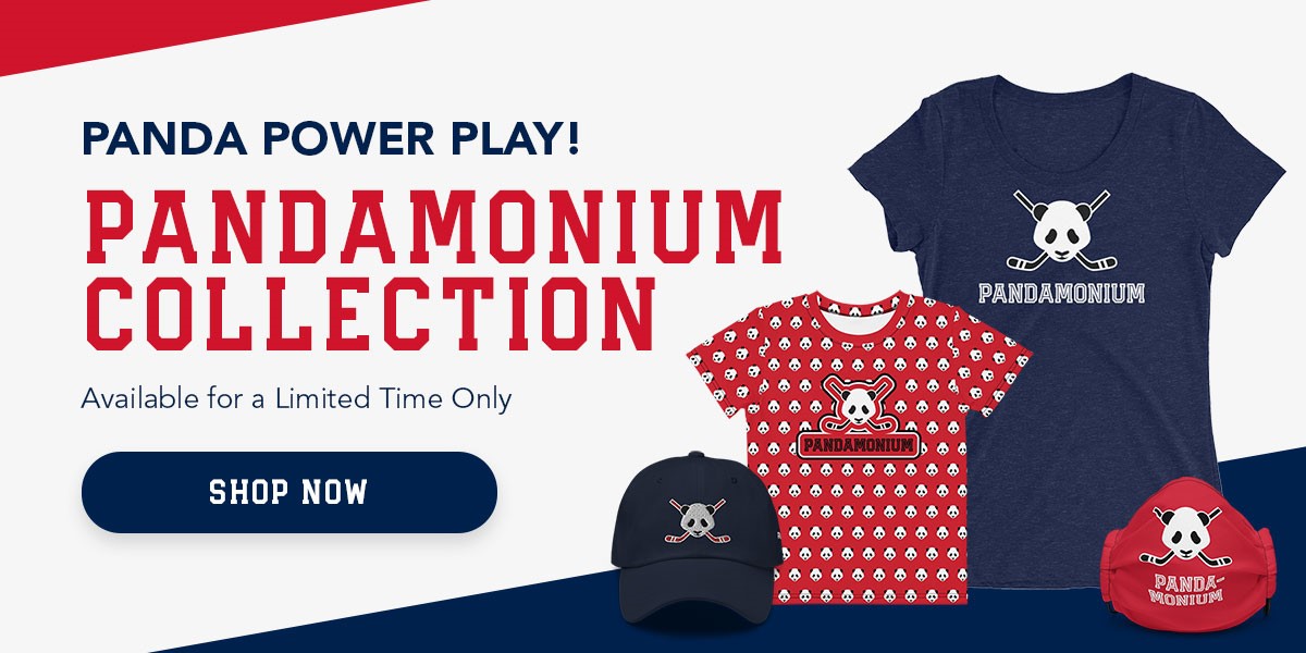 Limited-edition Xiao Qi Ji-themed tees, hat and face mask in red, blue and black. Text reads: Panda Power Play: Pandamonium Collection. Available for a limited time only. Shop now.