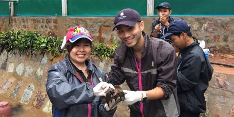 Singapore Zoo veterinarian Dr. Yaoyao Mathura and Smithsonian Global Health veterinarian Dr. Marc Valitutto examine an endangered big-headed turtle, one of the hundreds requiring rapid medical intervention. Dr. Yaoyao Mathura and Dr. Marc Valitutto examine an endangered big-headed turtle.