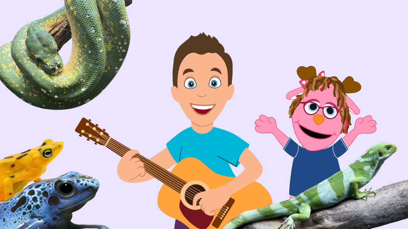 Two artistic characters stand next to each other. The first is a man wearing a bright blue shirt and holding a guitar. The second is a pink jackalope puppet with a dark blue shirt and dark pink glasses. They are surrounded by four animal cutouts including a green python, a yellow frog, a blue frog, and a green and white striped iguana.