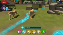Players can adopt up to 58 species—from giant pandas and Asian elephants to lemur frogs and snowy owls—and advance their zoo career by learning about the habitats, food, social groupings and enrichment items animals need to thrive. Photo credit: JumpStart Games Inc. A still from the mobile game "Zoo Guardians." Two digitally illustrated cheetahs walk near a stream of water. The text "cheetah" and a series of icons are at the bottom of the screen. An icon of a cheetah and a "back" button are in the top left.