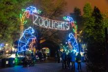 Washington D.C.’s beloved free, family-friendly winter wonderland, ZooLights, powered by Pepco, returns to brighten the season at the Smithsonian’s National Zoo and Conservation Biology Institute. A entry way made of lights and animal silhouettes welcomes visitors into ZooLights. The "banner" across the top reads "ZooLights" and four giant panda silhouettes are arranged along the sides and corners of the banner.