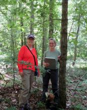 Patty Lane (left) of Rappahannock County and Kate Heneberry (right) of Warren County discovered four endangered purple fringeless orchids while conducting a routine orchid survey on a private farm just south of Sperryville, Virginia. Patty Lane (left) and Kate Heneberry (right) during their survey during which they found four endangered purple fringeless orchids.
