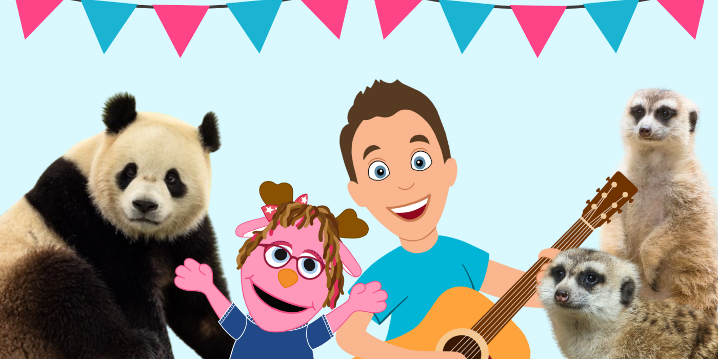 An illustration of a pink jackalope puppet next to a man playing a guitar. On either side of them is a Giant panda and two meerkats.